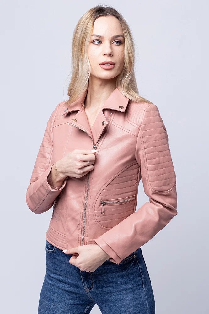 Shopika Geaca biker roz din piele ecologica