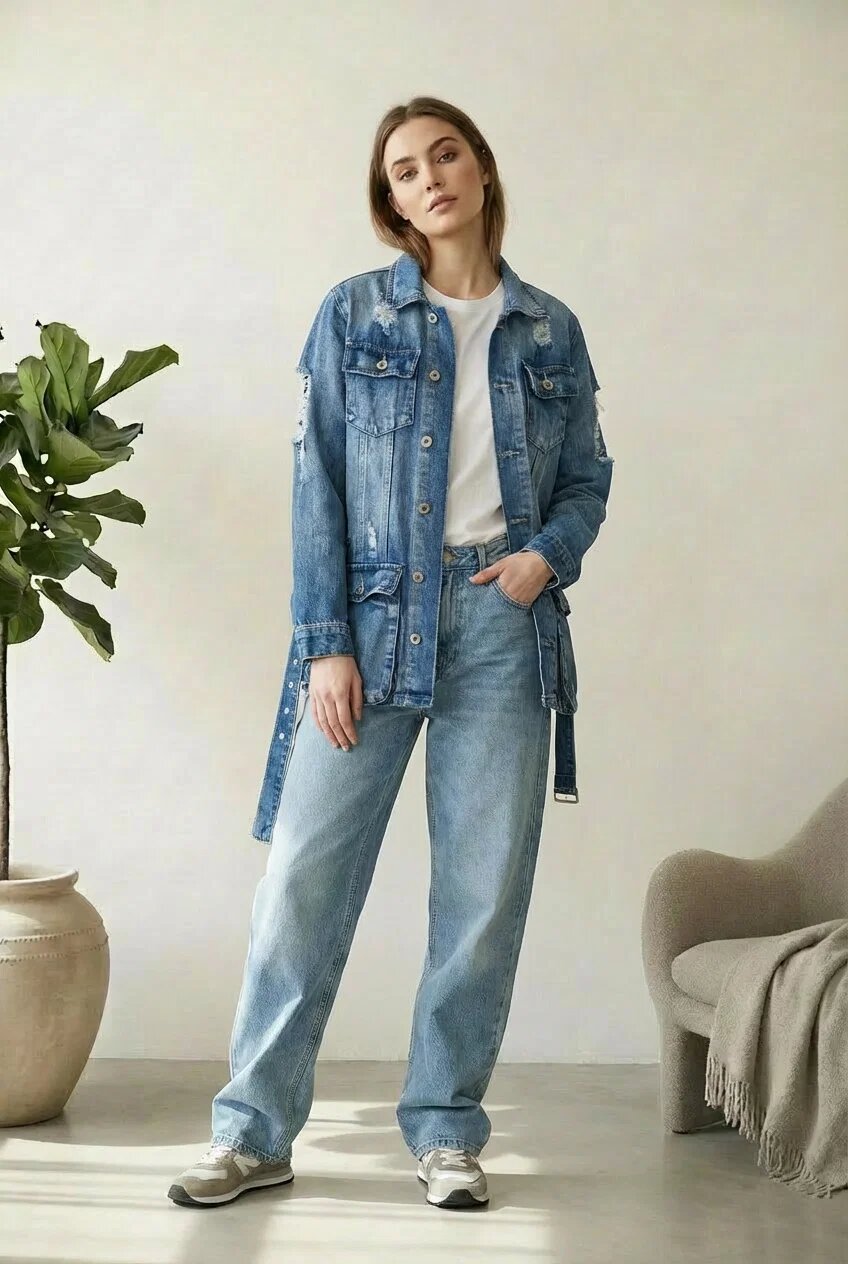 Shopika Geaca dreapta de blugi denim cu cordon in talie