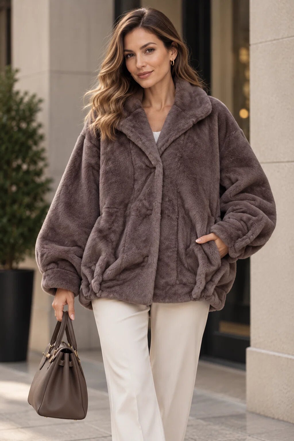 Shopika Geaca oversize din blanita artificiala bej inchis