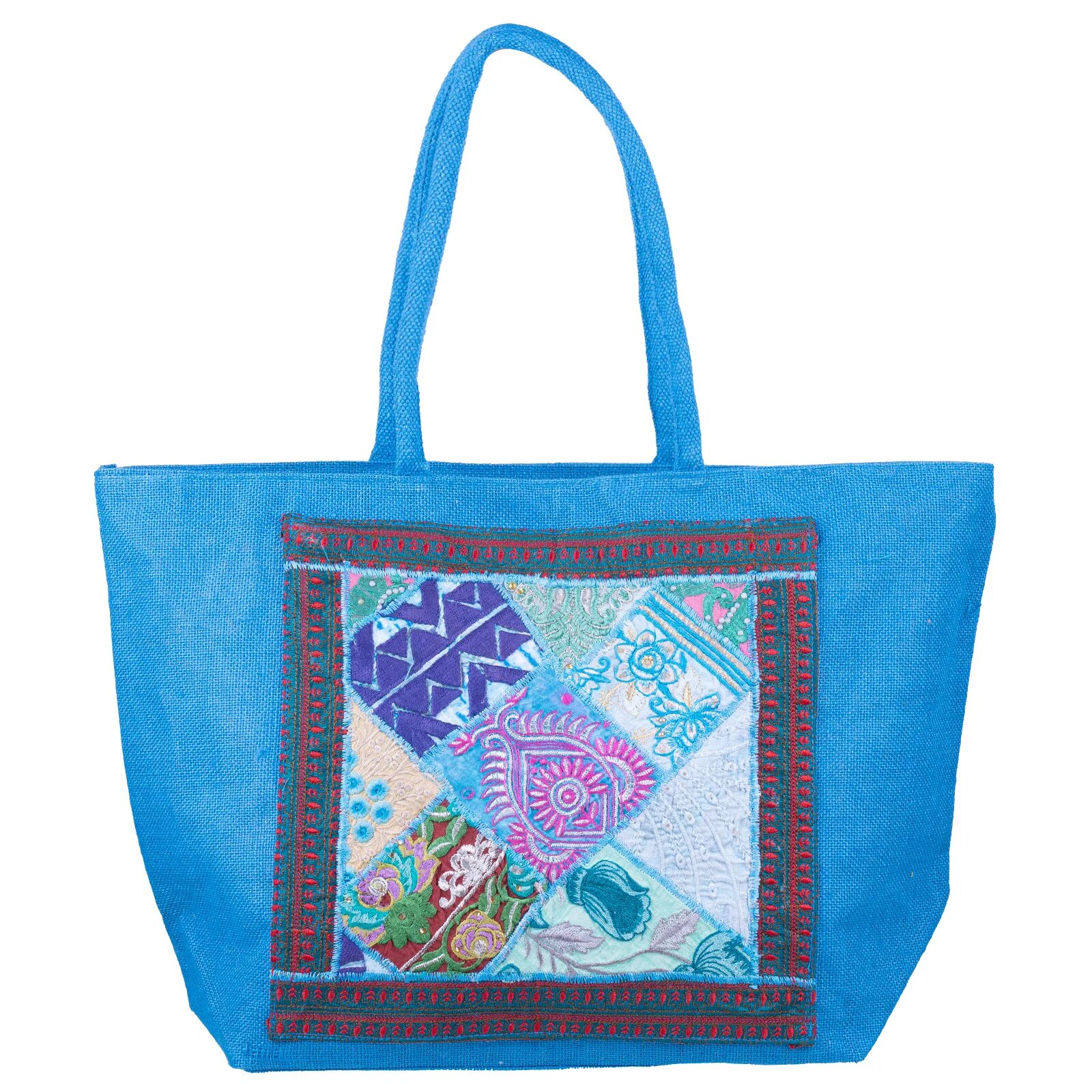Shopika Geanta albastra din material textil natural tip sac cu aplicatie unicat brodata manual
