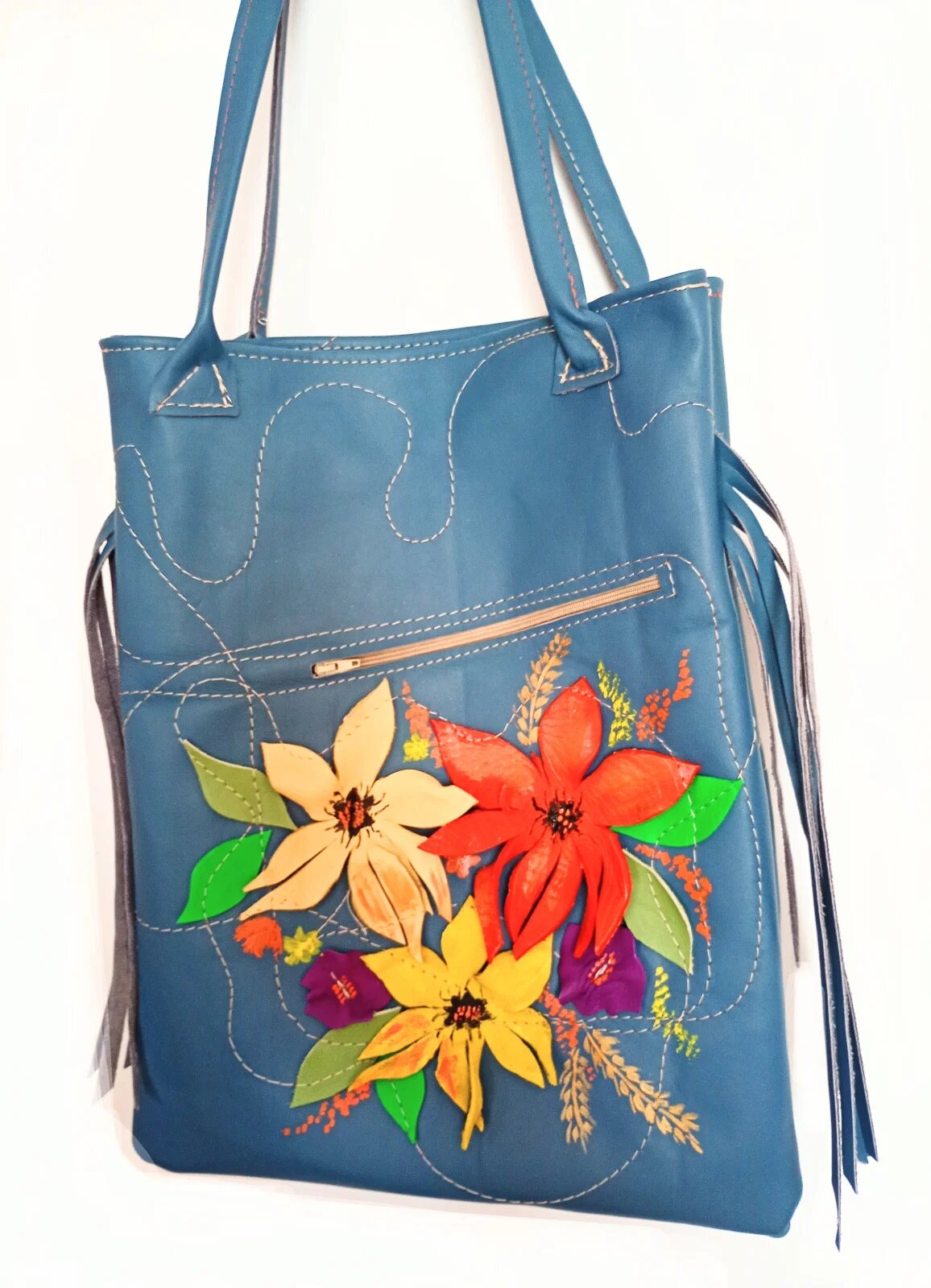 Shopika Geanta albastra handmade din piele naturala cu flori 3D pictateunicat