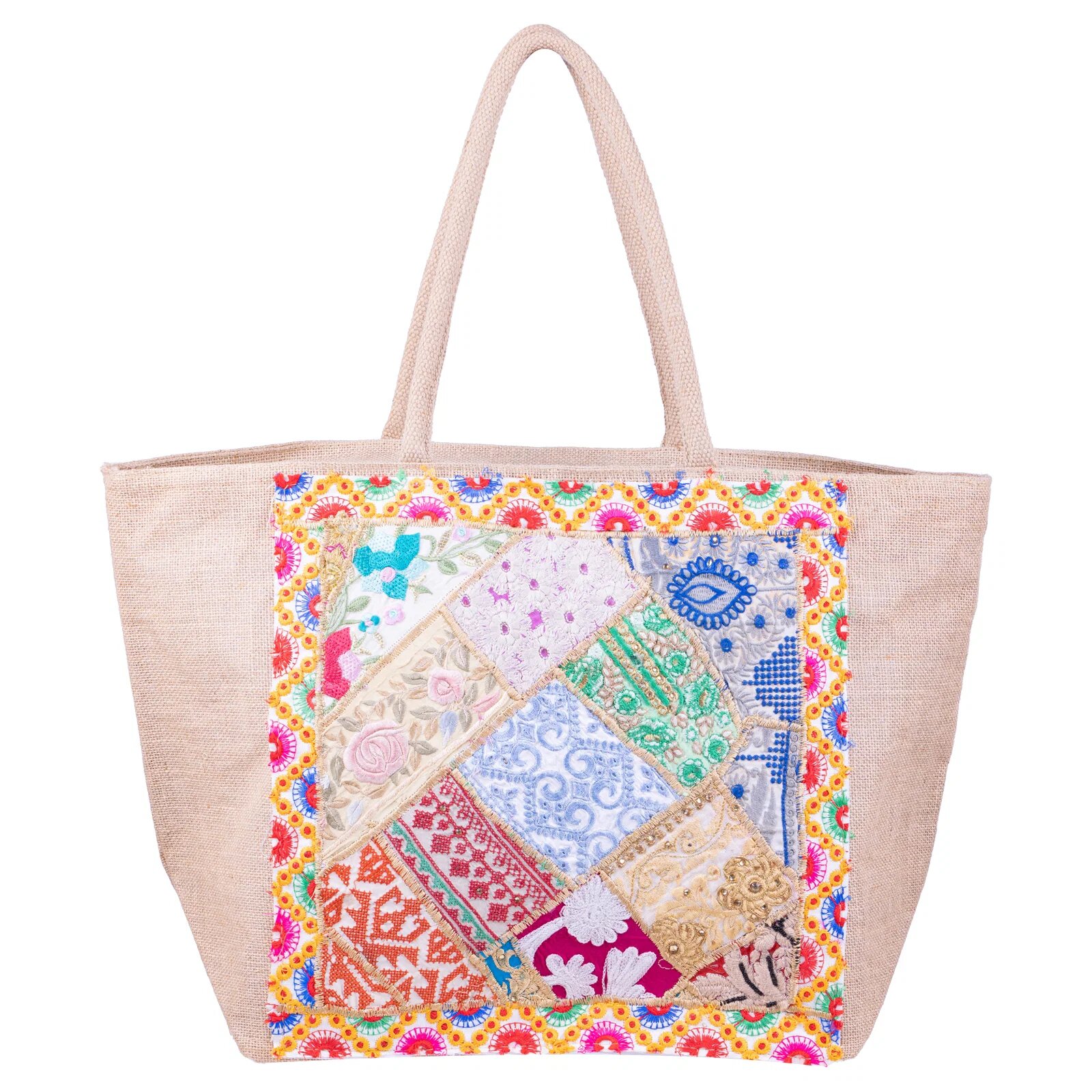 Shopika Geanta bej din material textil natural tip sac cu aplicatie unicat brodata manual