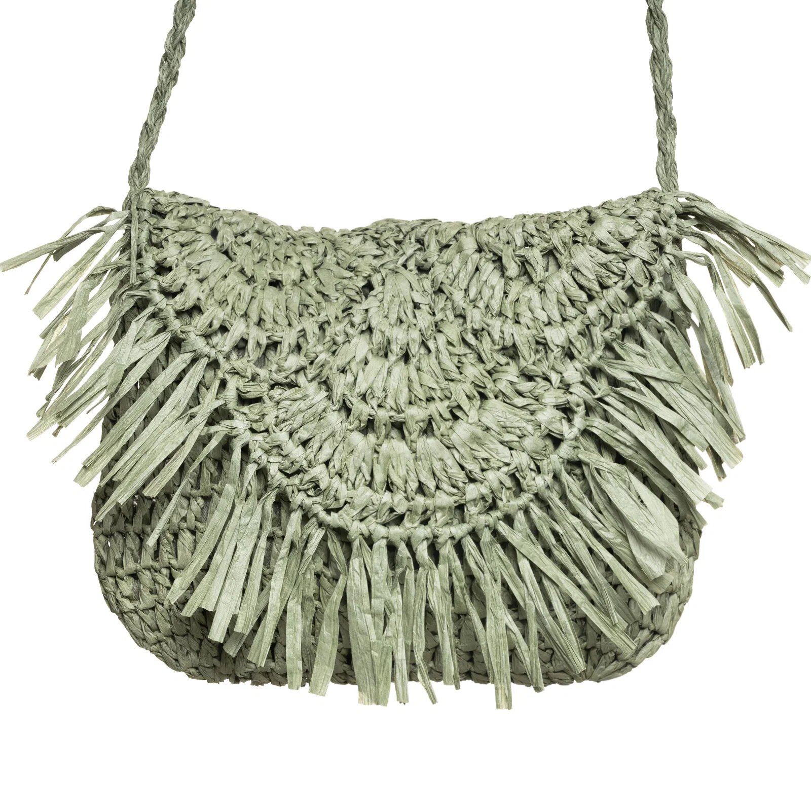 Shopika Geanta crossbody mica impletita cu franjuri decorativi pe capac verde prafuit