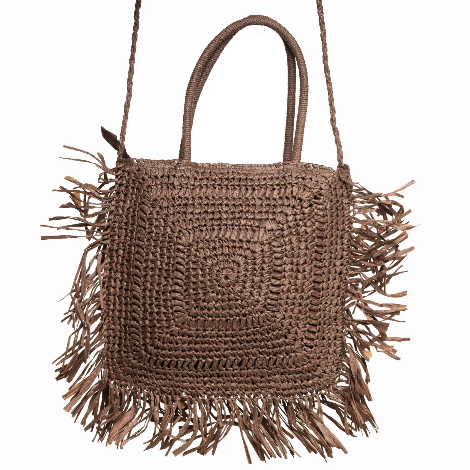 Shopika Geanta crossbody patrata mare impletita cu franjuri mari decorative maro