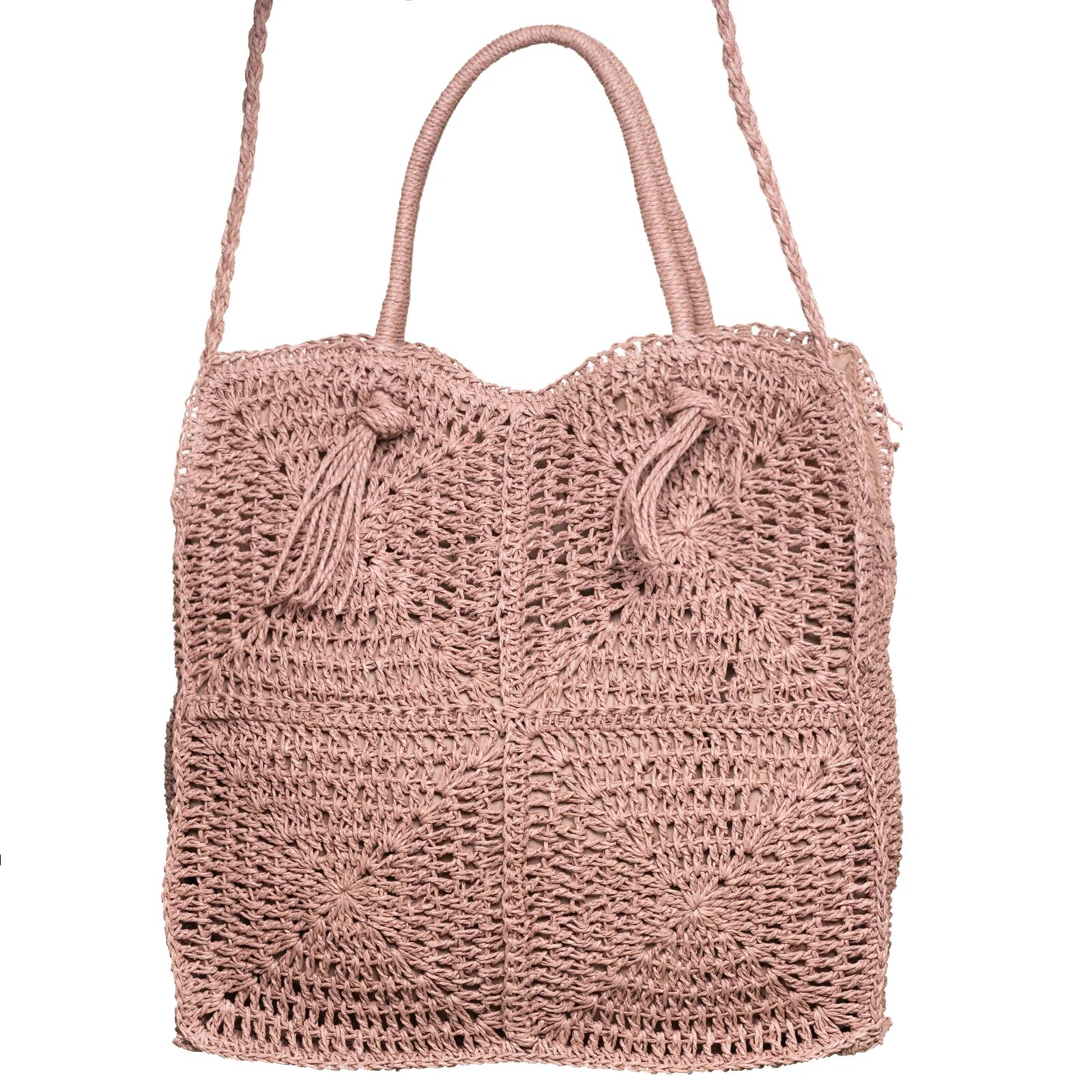 Shopika Geanta crossbody patrata mare impletita cu noduri decorative roz prafuit