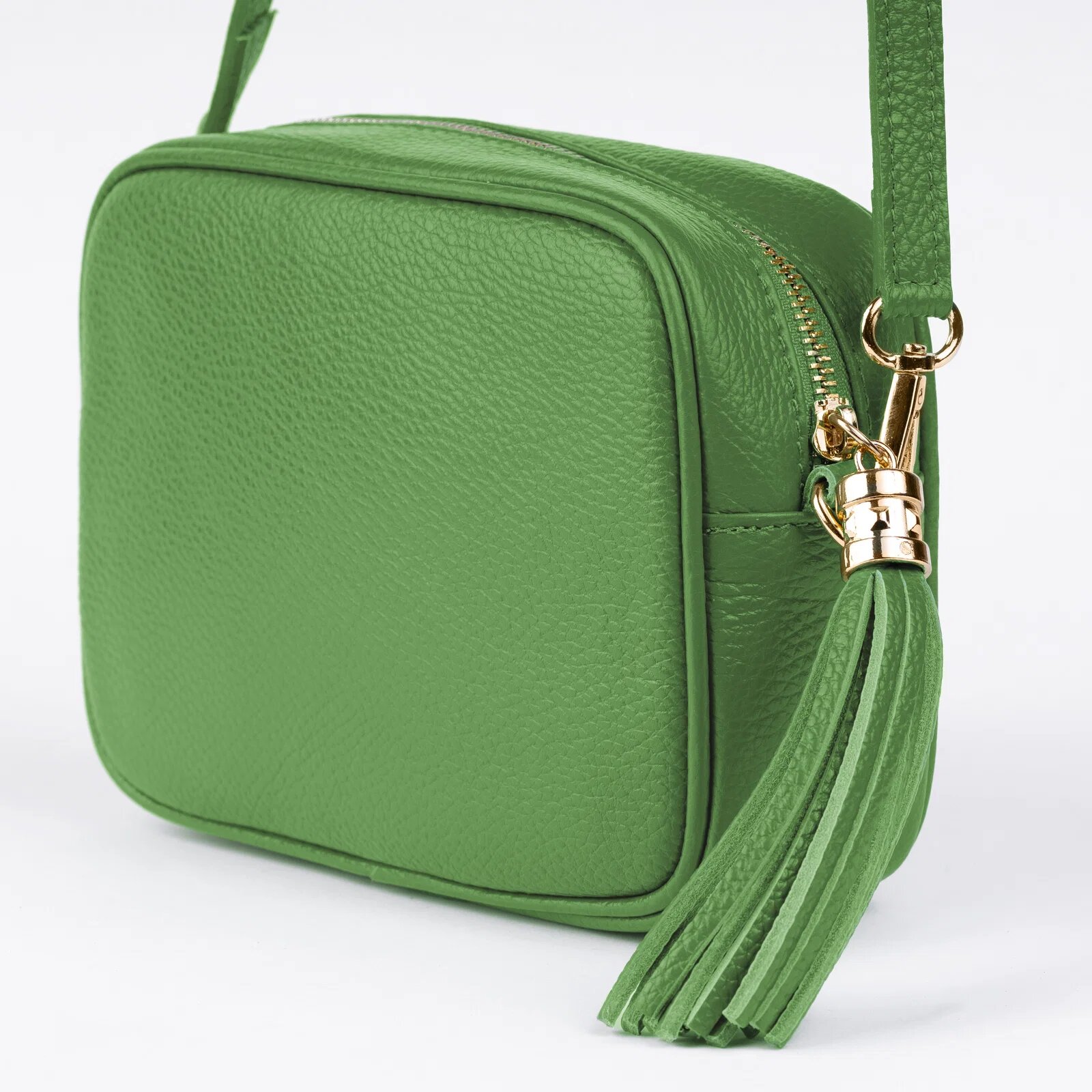 Shopika Geanta crossbody verde oliv din piele naturala cu ciucure din piele