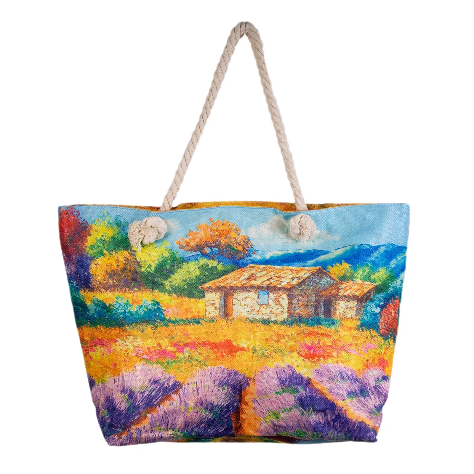 Shopika Geanta de plaja din material textil cu imprimeu camp lavanda