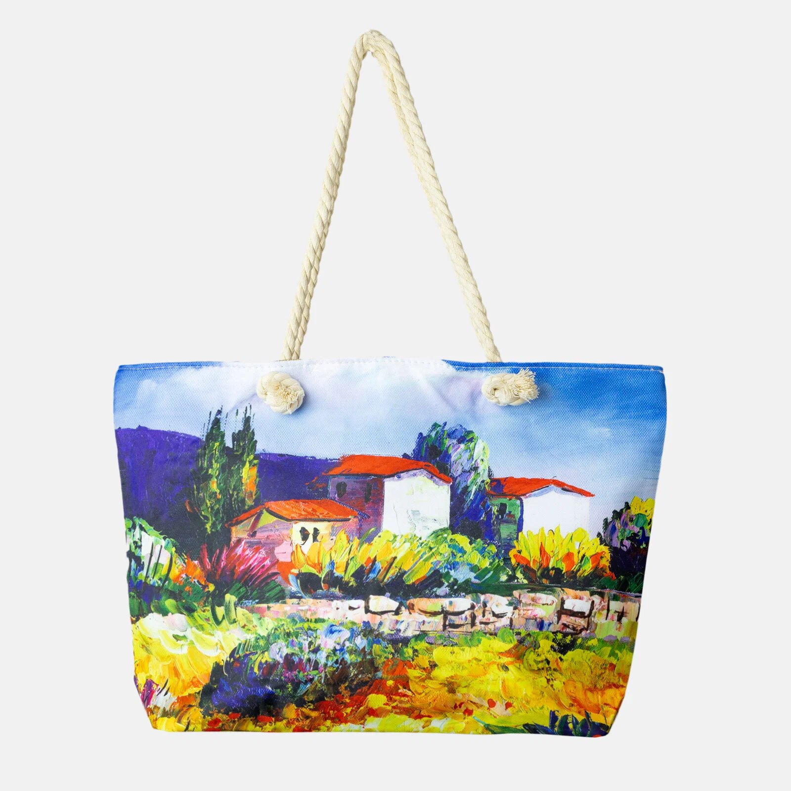 Shopika Geanta de plaja din material textil cu imprimeu dupa o pictura cu casute si gradini
