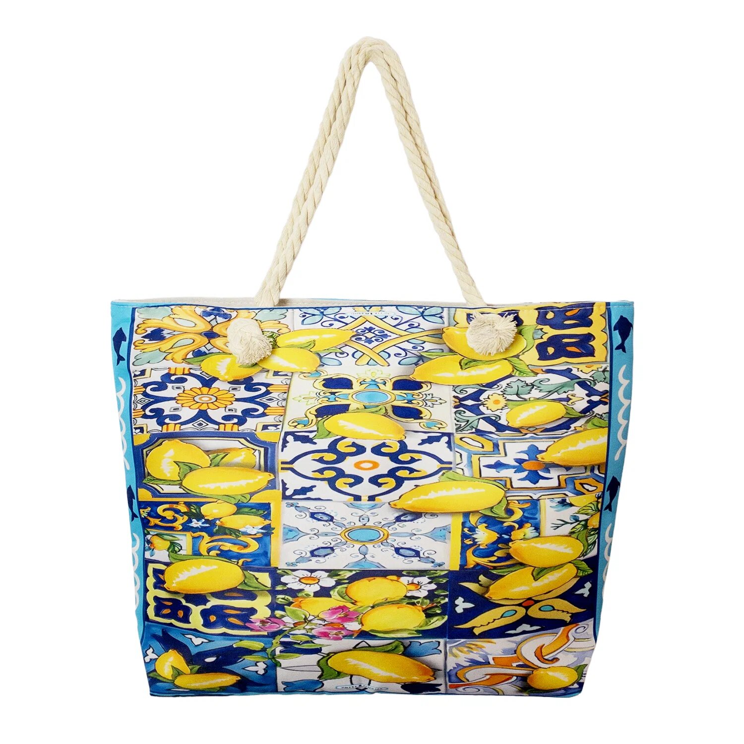 Shopika Geanta de plaja din material textil cu imprimeu mediteranean cu lamai pe alb galben si albastru