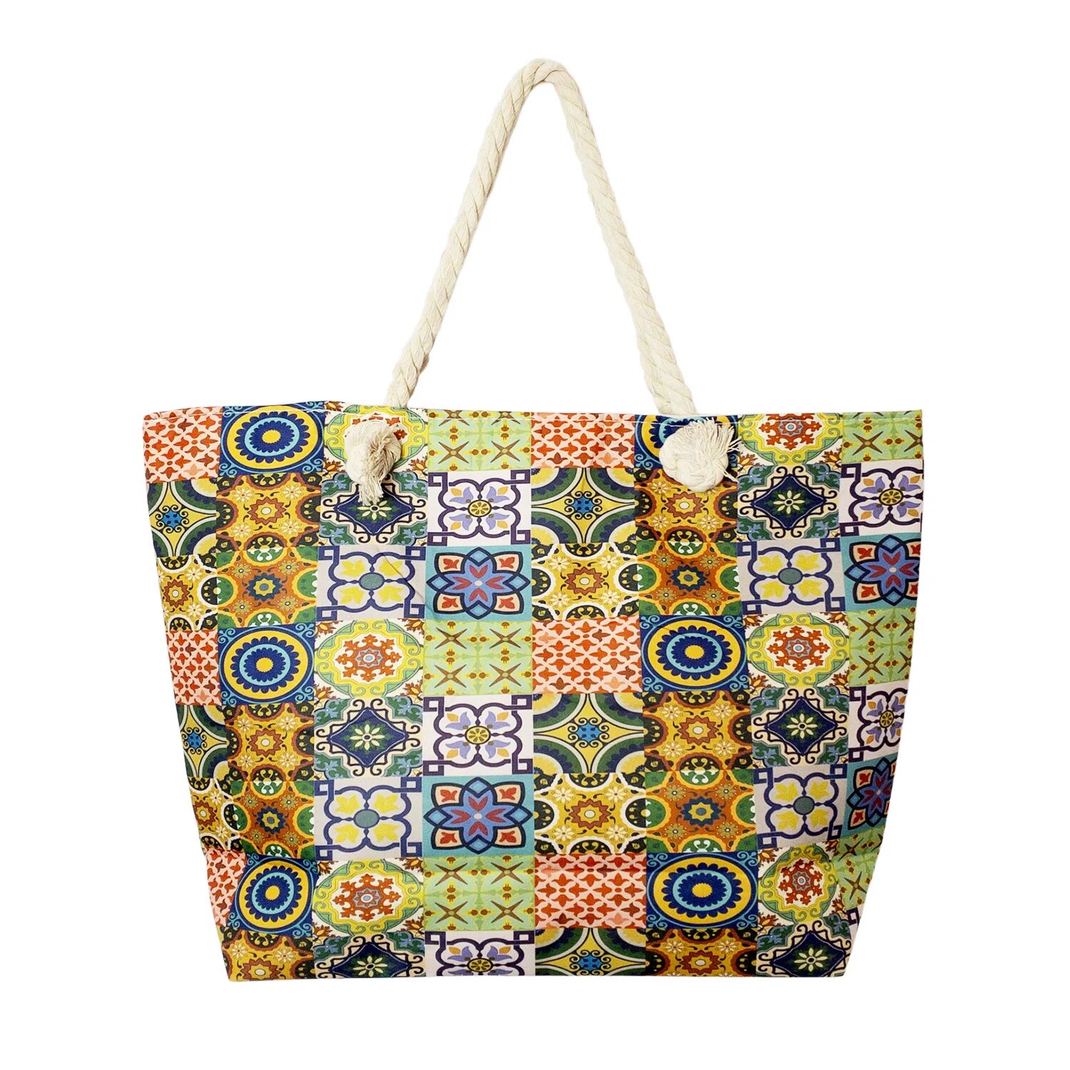 Shopika Geanta de plaja din material textil cu imprimeu model marocan in culori vibrante