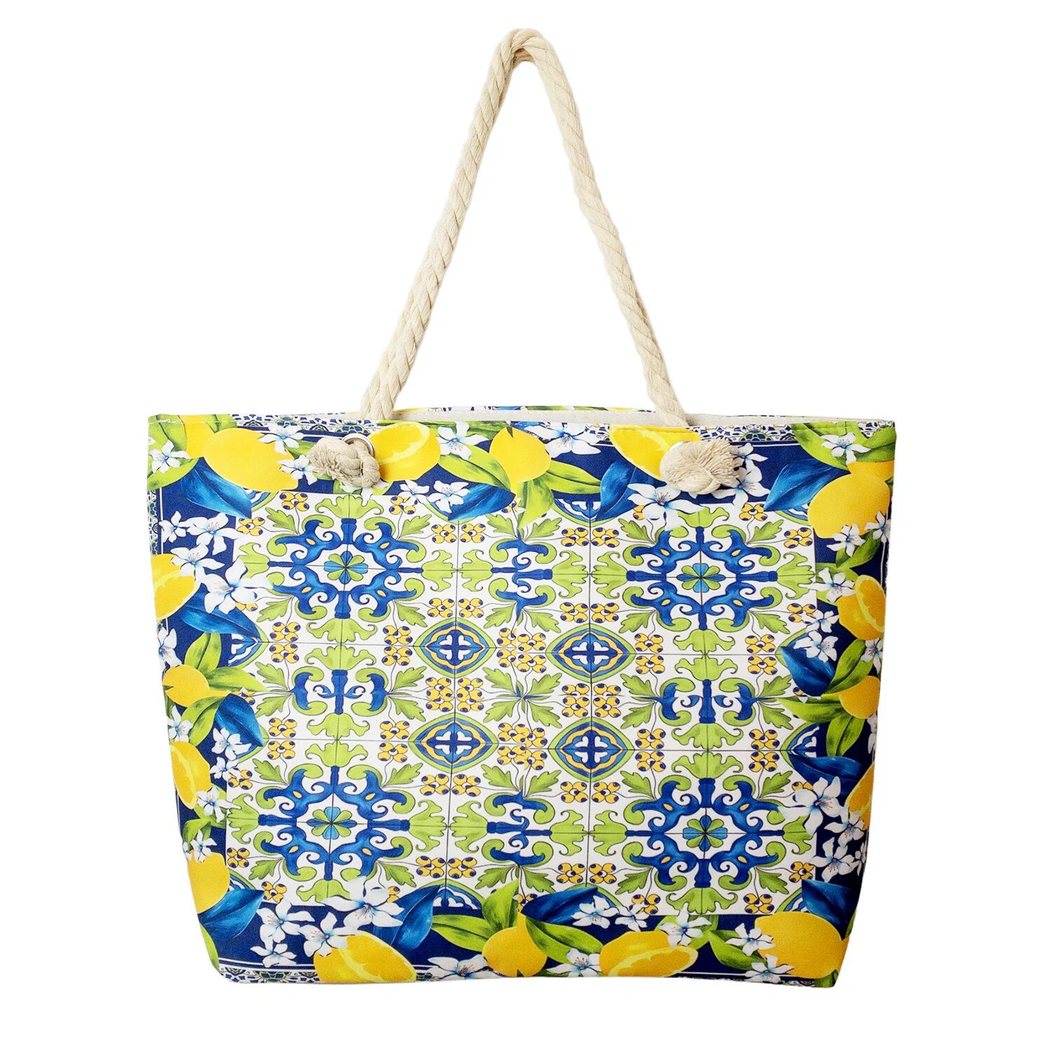 Shopika Geanta de plaja din material textil cu model mediteranean cu lamai pe alb verde si albastru