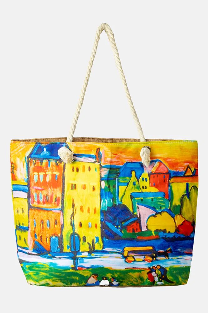 Shopika Geanta de plaja din material textil dupa tablou celebru cu case multicolore