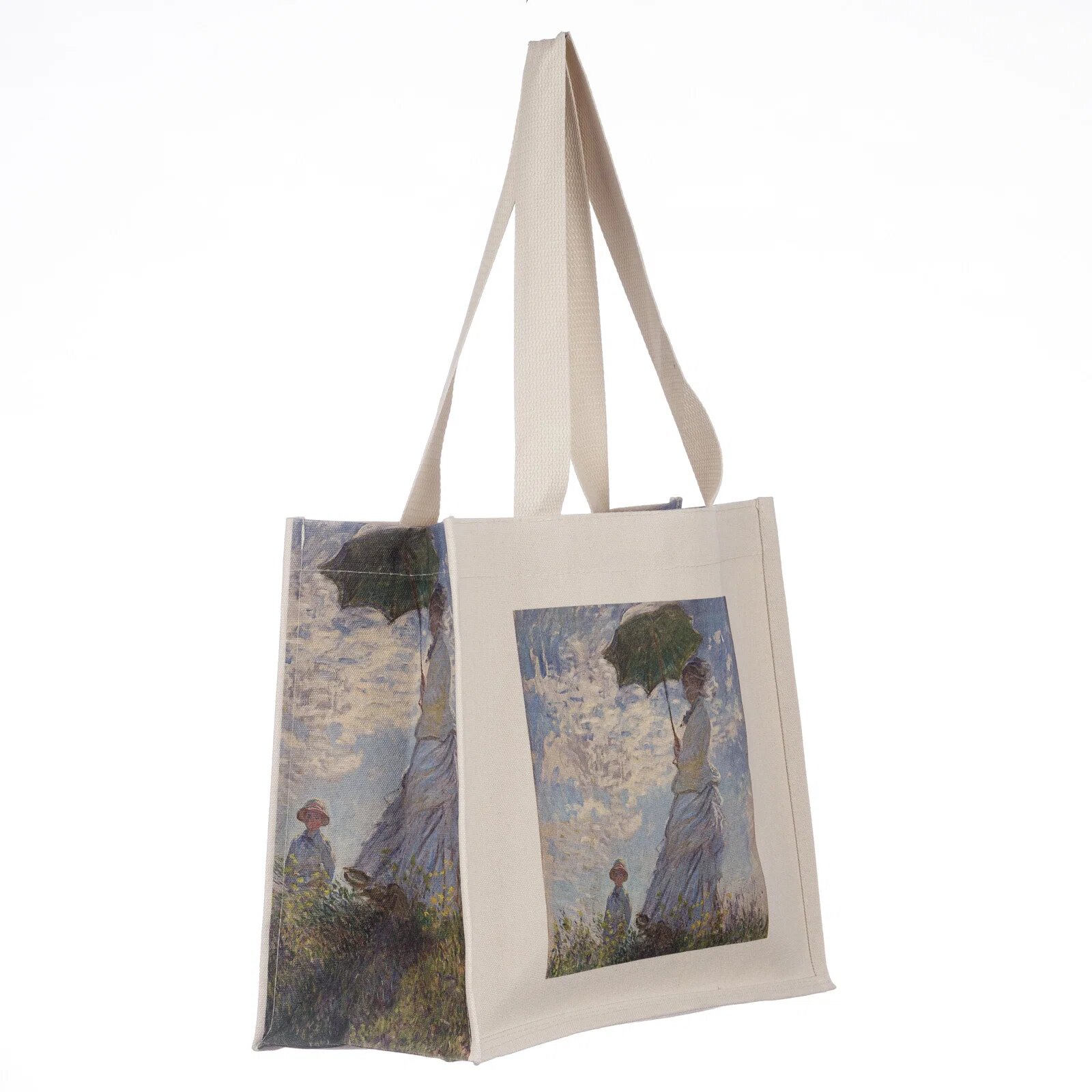 Shopika Geanta de umar din material textil cu imprimeu inspirat din pictura Femeie cu Umbrela a lui Monet