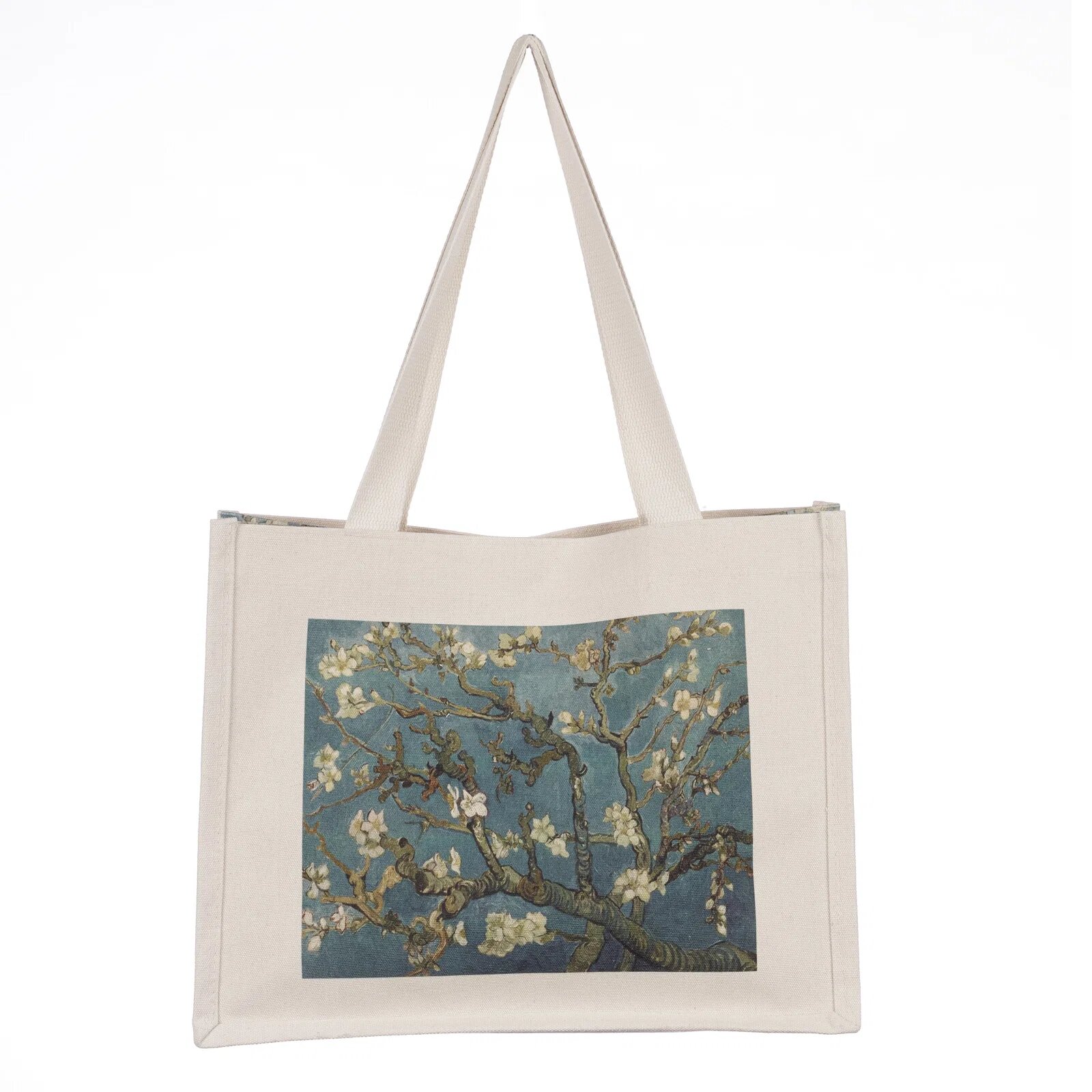 Shopika Geanta de umar din material textil cu imprimeu inspirat din pictura Migdal Inflorind a lui Van Gogh