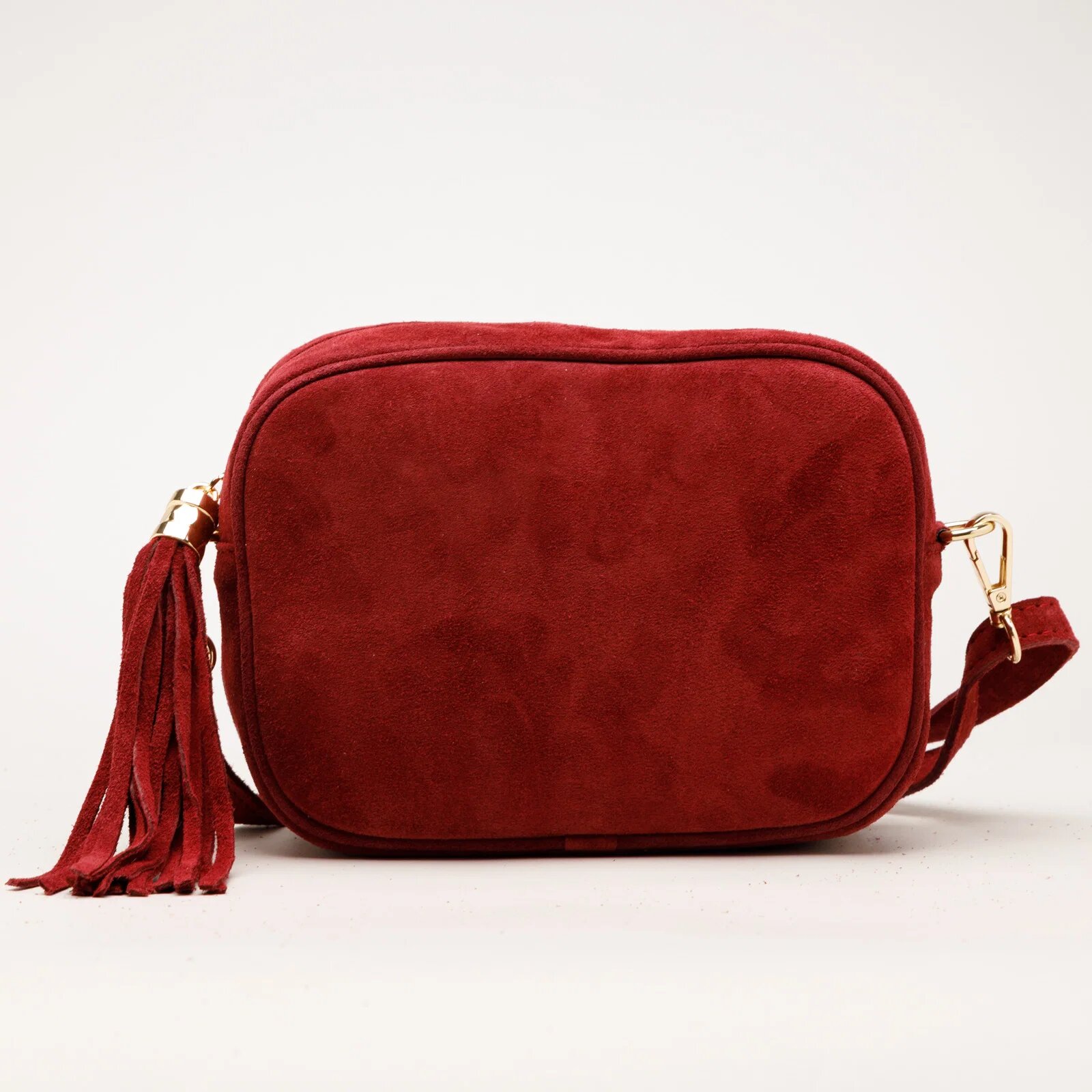 Shopika Geanta din piele intoarsa cu franjuri model crossbody bordo