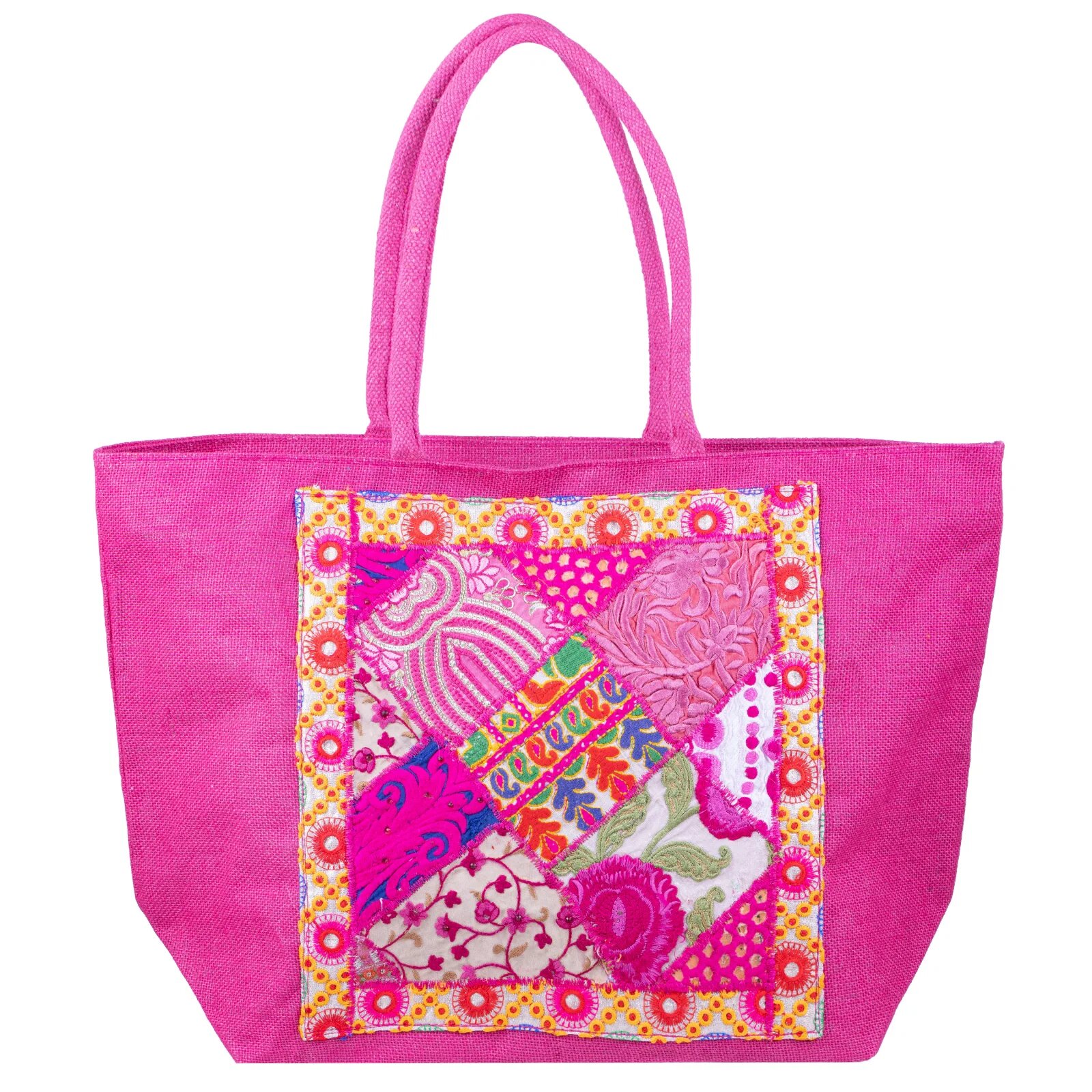 Shopika Geanta fucsia din material textil natural tip sac cu aplicatie unicat brodata manual