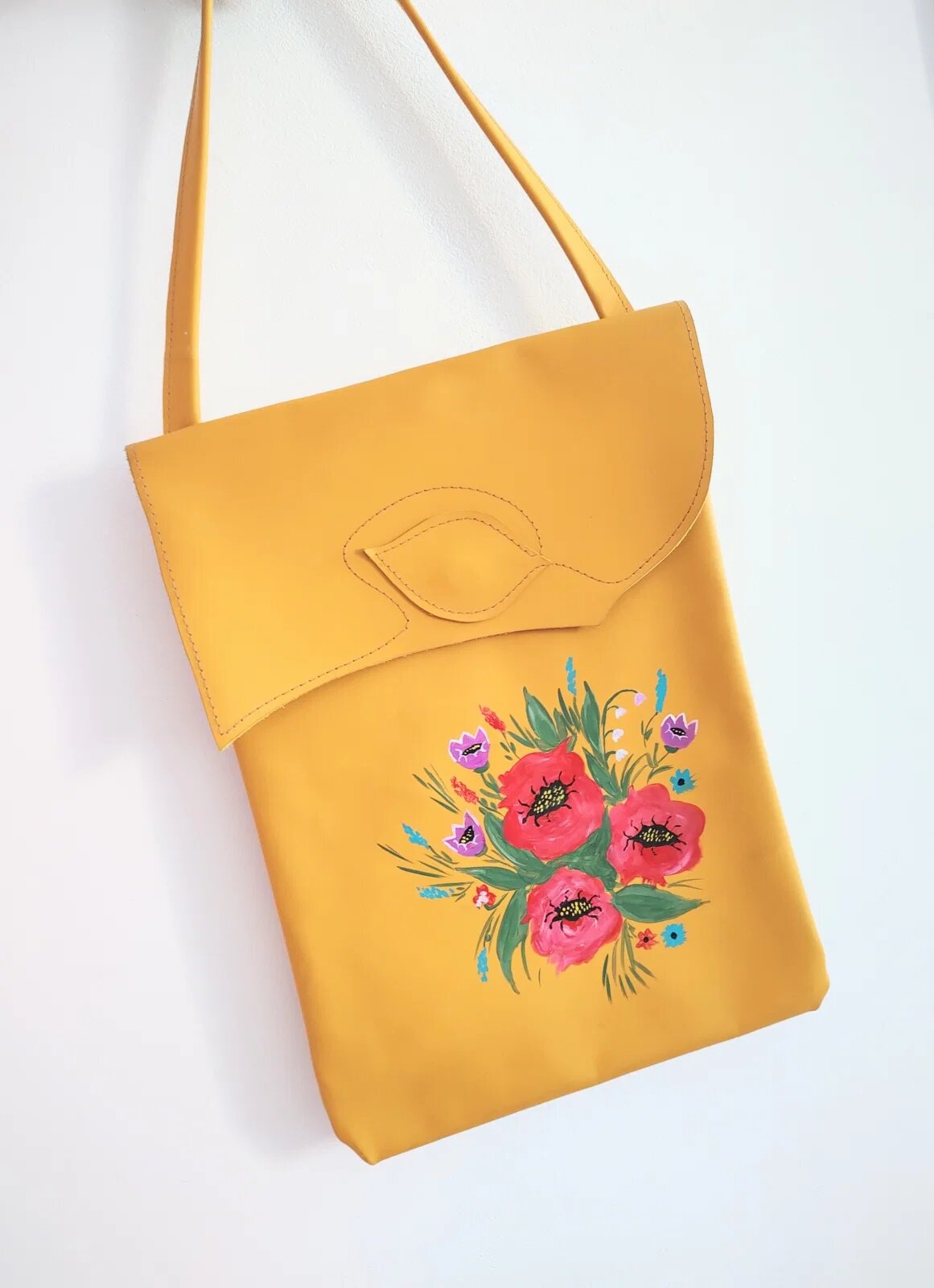 Shopika Geantă galben muștar handmade cu lalele și maci pictațiunicat