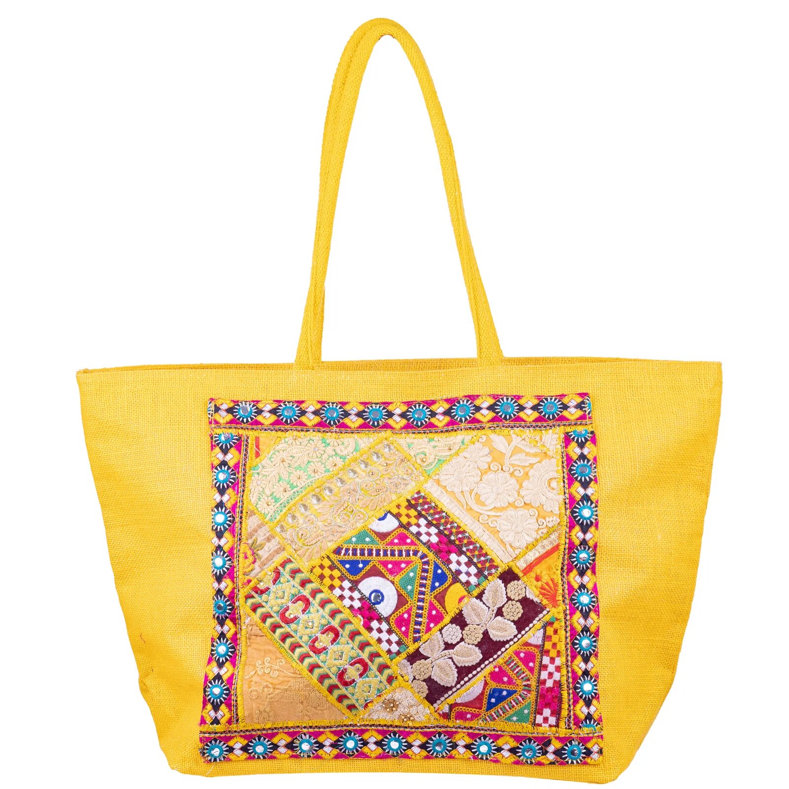 Shopika Geanta galbena din material textil natural tip sac cu aplicatie unicat brodata manual