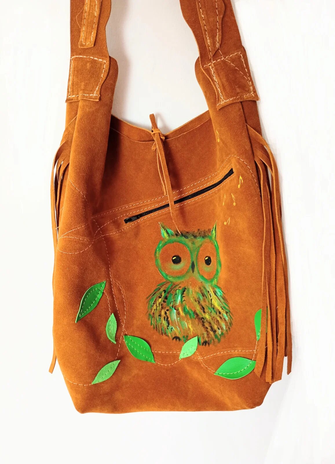 Shopika Geanta handmade cu bufniță pictata din piele naturala intoarsaunicat