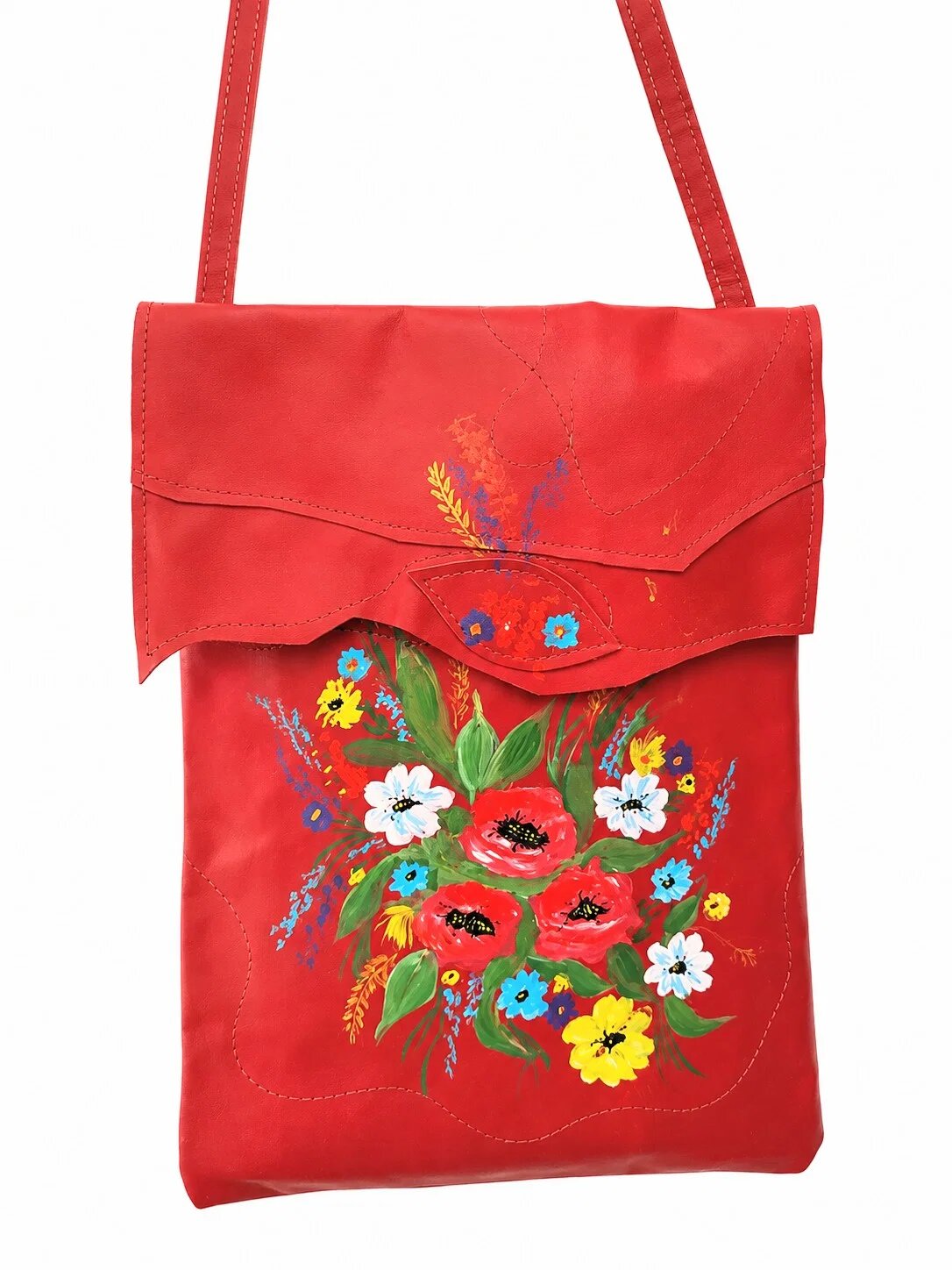 Shopika Geanta handmade rosie din piele naturala cu flori de camp pictate manual