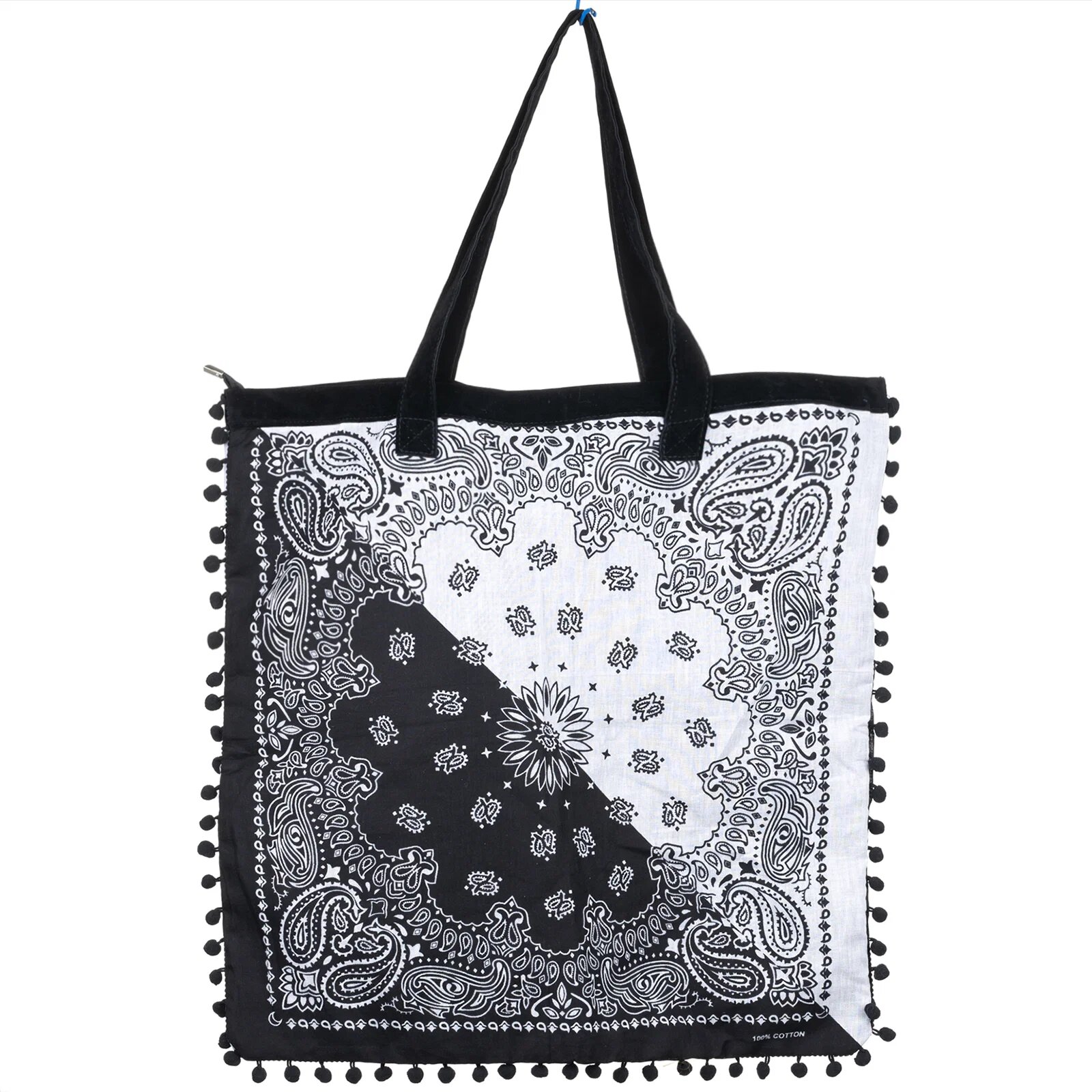 Shopika Geanta patrata de plaja din material textil cu ciucuri pe trei laturi alb si negru