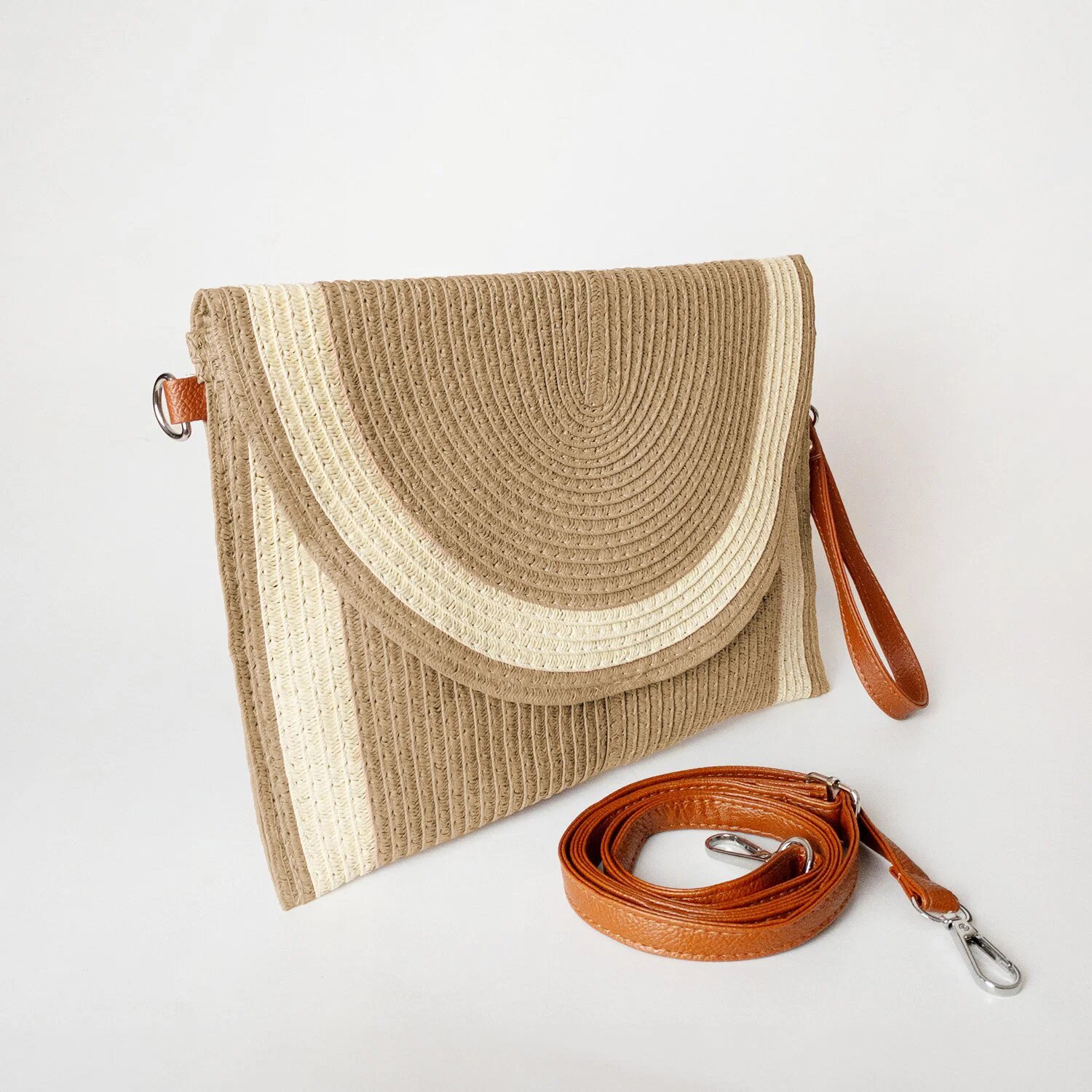 Shopika Geanta plic impletita crossbody cu bareta de umar si de mana camel cu bej deschis