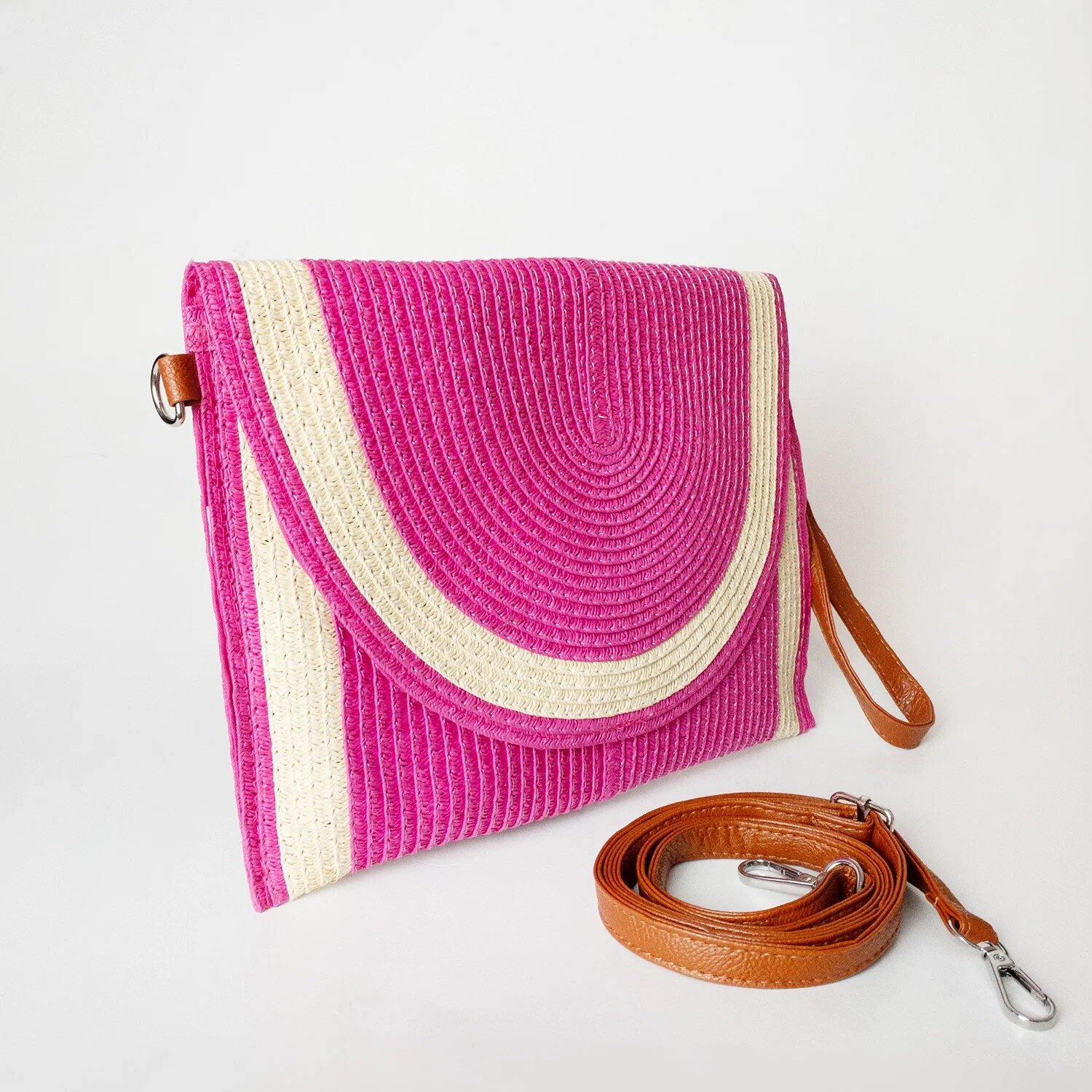 Shopika Geanta plic impletita crossbody cu bareta de umar si de mana fucsia cu bej