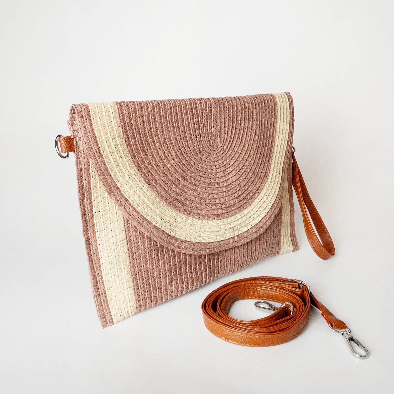 Shopika Geanta plic impletita crossbody cu bareta de umar si de mana roz prafuit cu bej