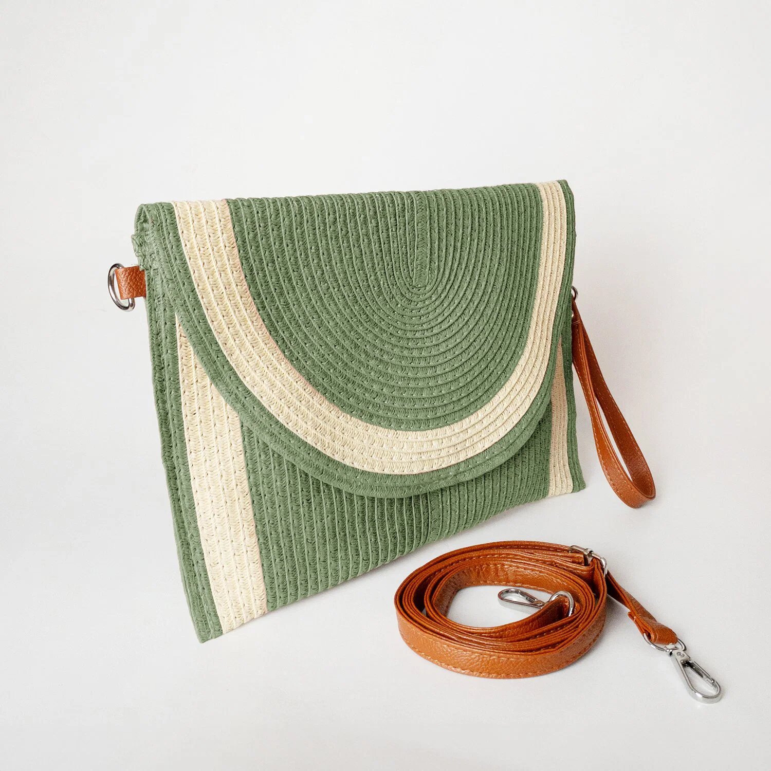 Shopika Geanta plic impletita crossbody cu bareta de umar si de mana verde cu bej deschis