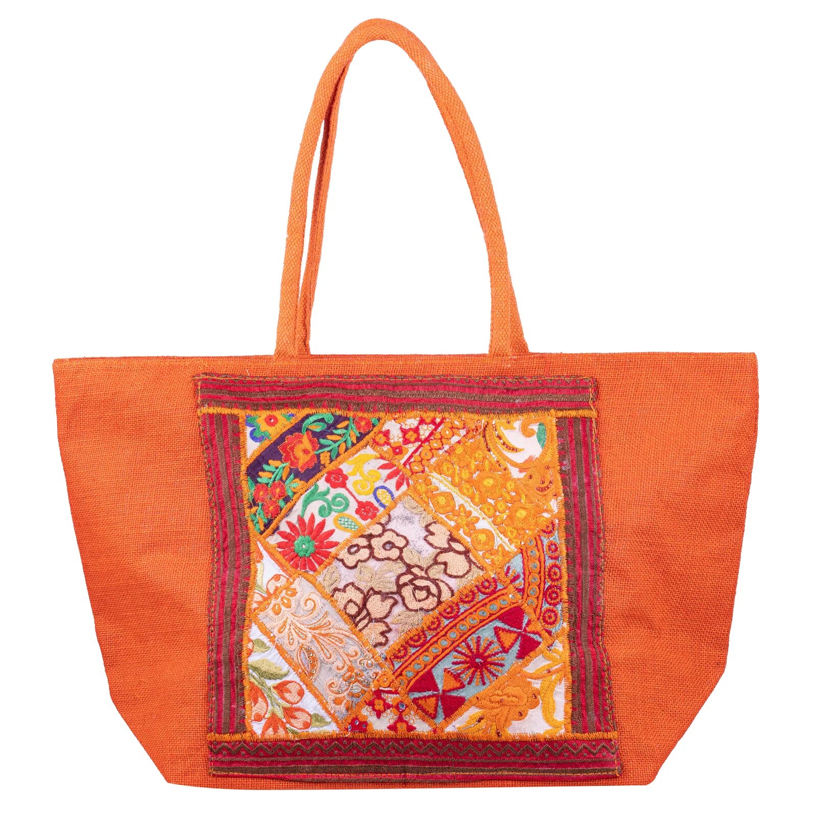Shopika Geanta portocalie din material textil natural tip sac cu aplicatie unicat brodata manual