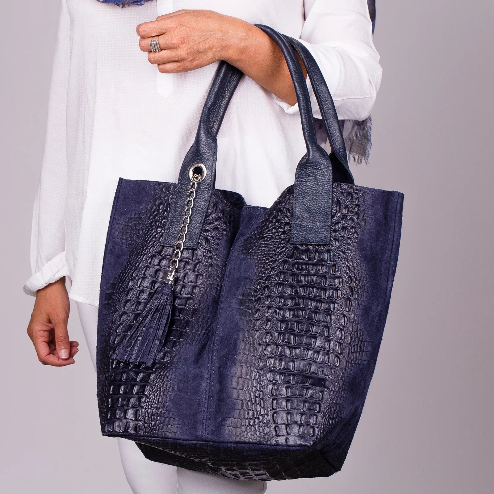 Shopika Geanta shopper bleumarin din piele intoarsa naturala
