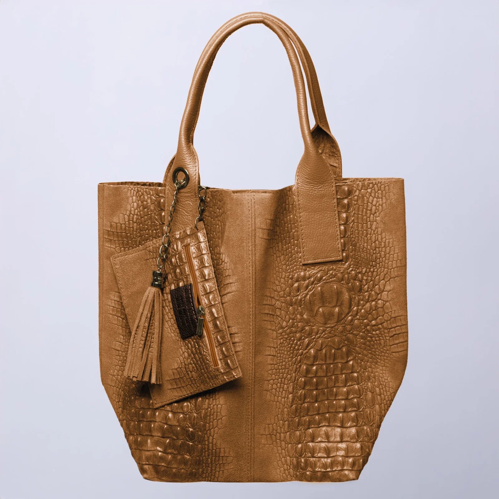 Shopika Geanta shopper camel inchis din piele intoarsa naturala