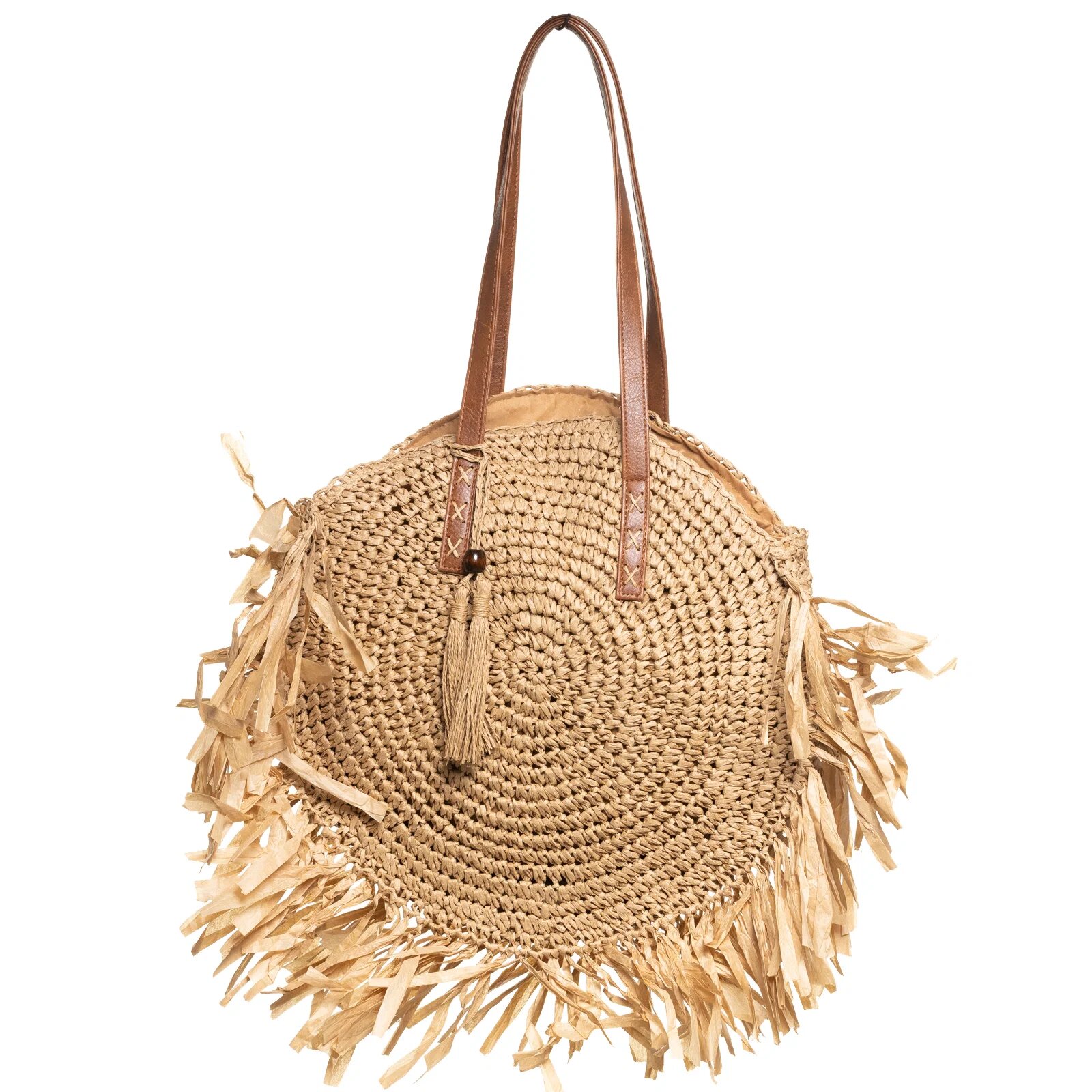Shopika Geanta shopper circulara mare impletita cu franjuri mari decorativi bej inchis
