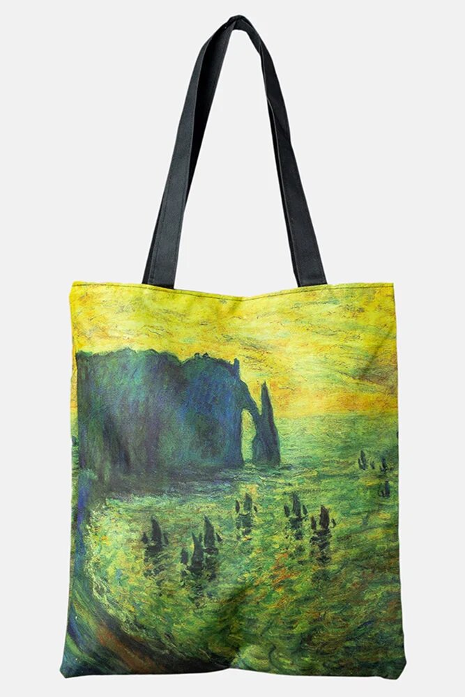 Shopika Geanta shopper din material textil cu imprimeu inspirat dintr-o pictura cu peisaj marin la apus