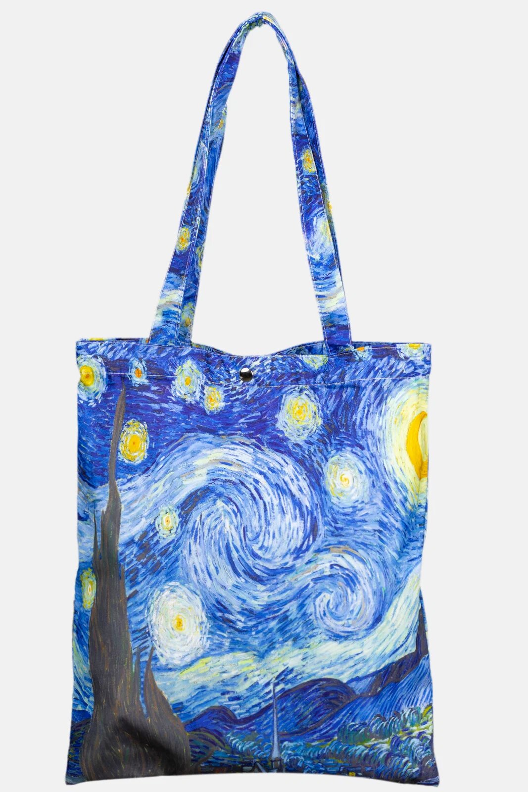 Shopika Geanta shopper din material textil satinat cu imprimeu inspirat din pictura Noapte Instelata a