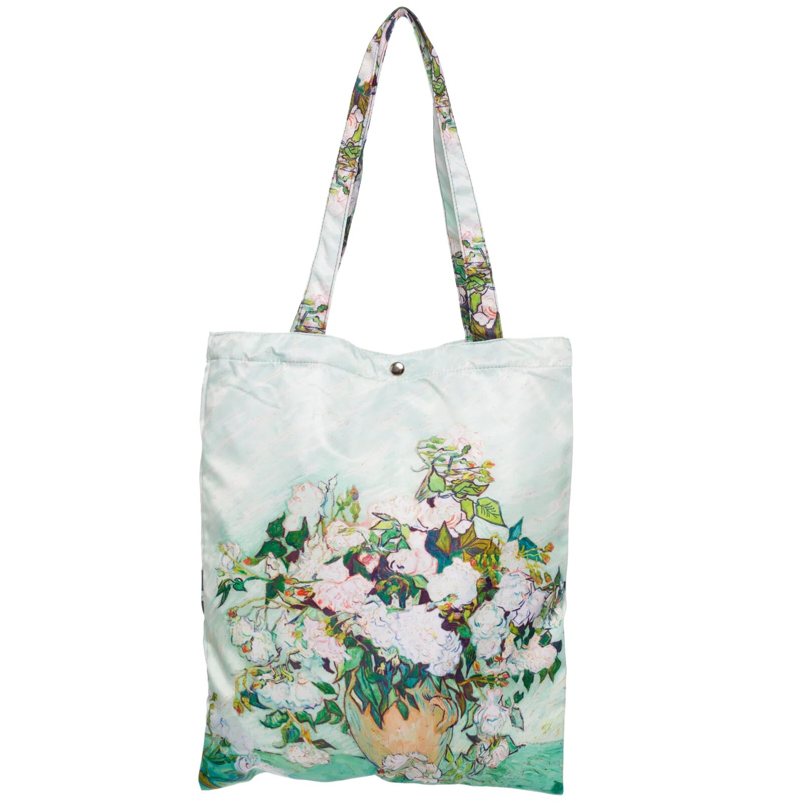 Shopika Geanta shopper din material textil satinat cu model inspirat dupa Vaza cu trandafiri albi de V