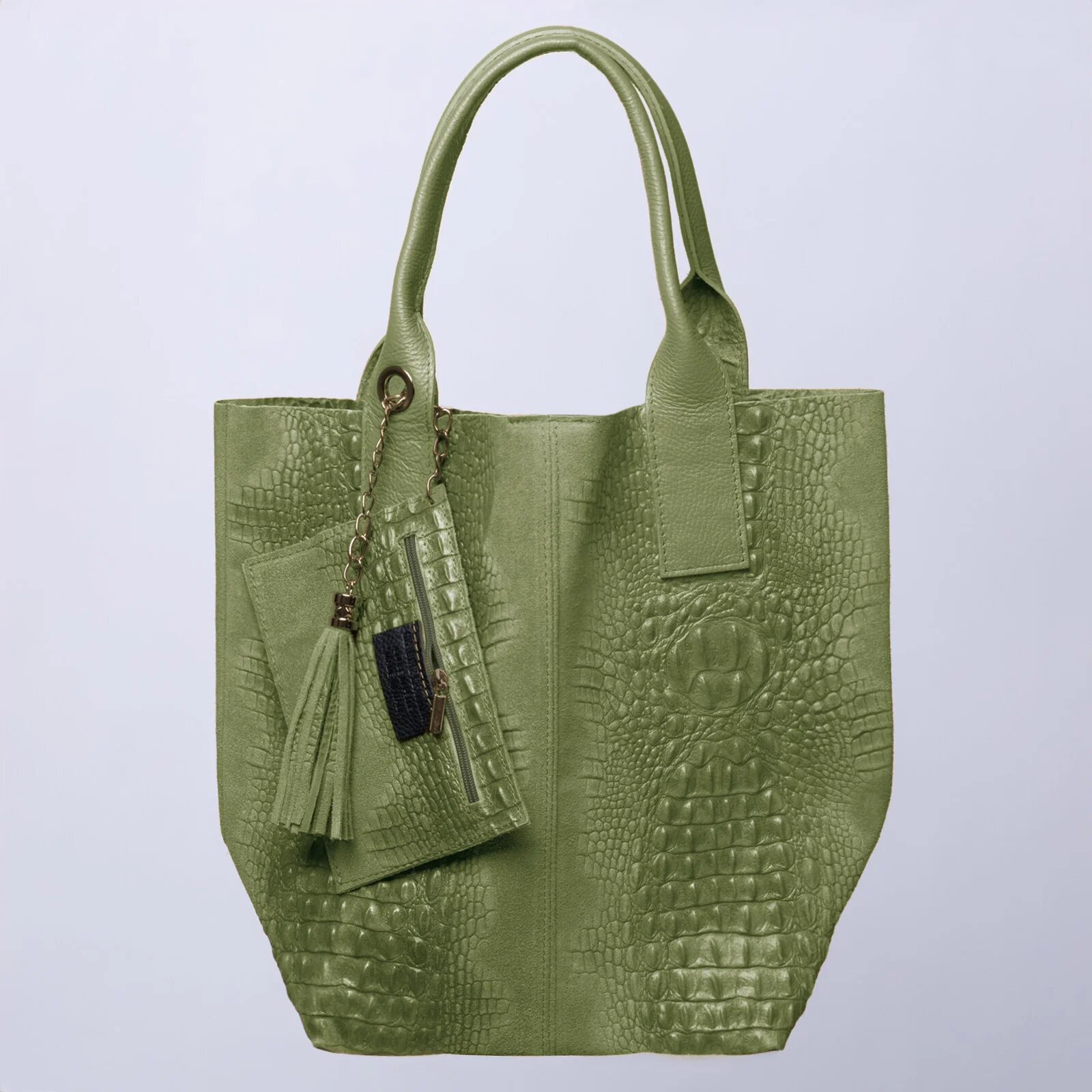Shopika Geanta shopper din piele intoarsa naturala verde olive