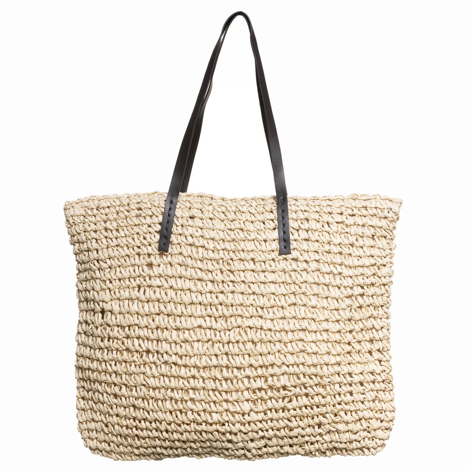 Shopika Geanta shopper impletita cu ochiuri mari si manere din piele ecologica bej deschis