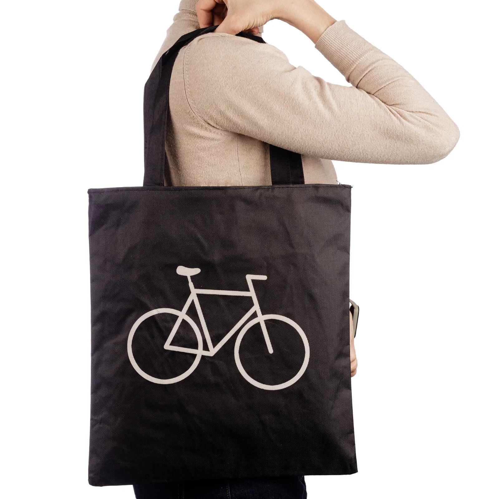 Shopika Geanta shopper neagra din material textil cu imprimeu grafic bicicleta