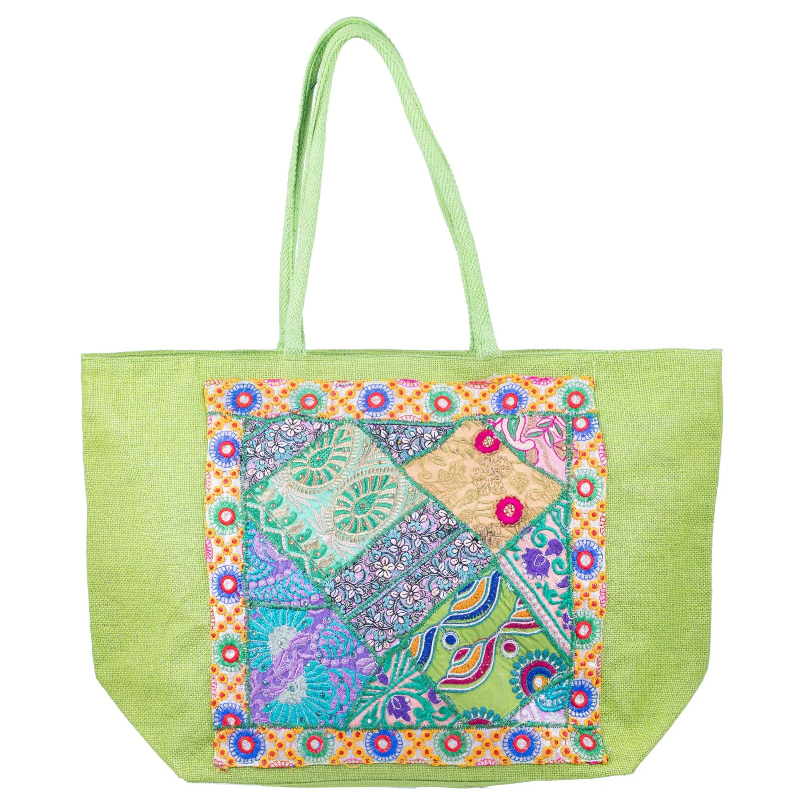 Shopika Geanta verde din material textil natural tip sac cu aplicatie unicat brodata manual