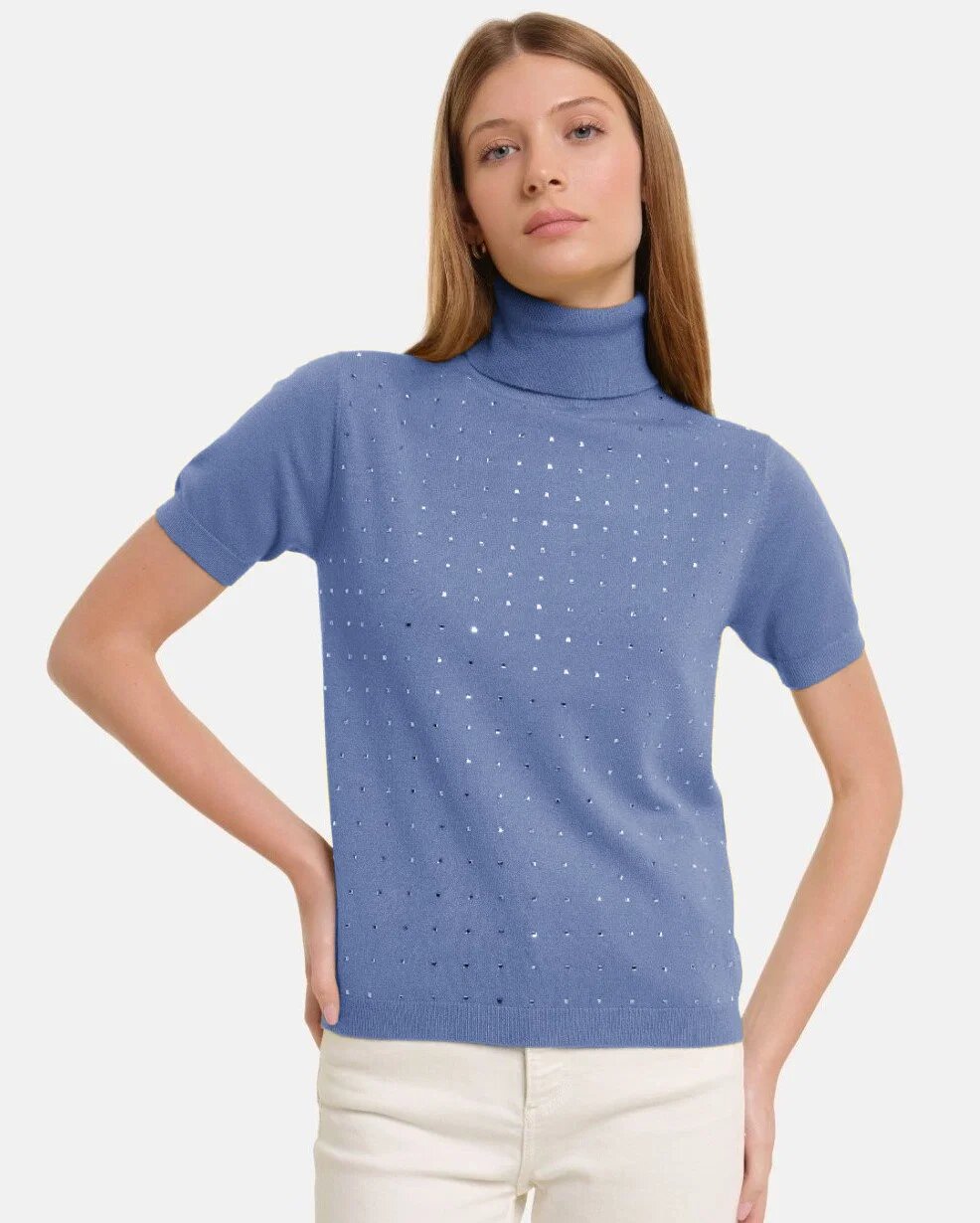 Shopika Helanca pulover cu strasuri cu guler inalt si maneca scurta din tricotaj fin bleu