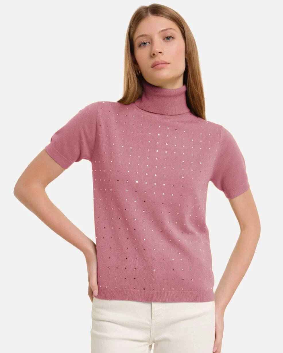 Shopika Helanca pulover cu strasuri cu guler inalt si maneca scurta din tricotaj fin roz inchis