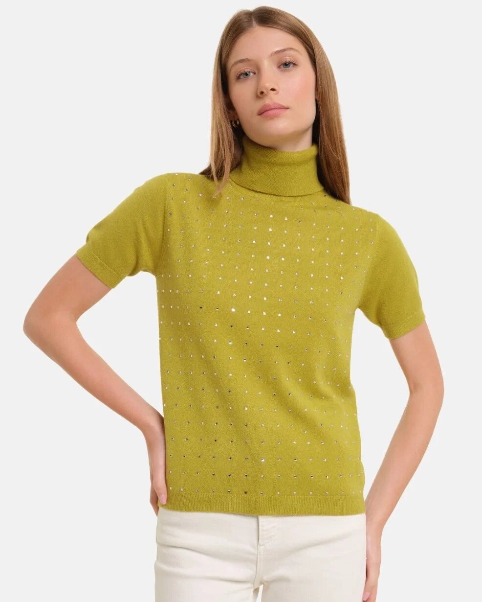 Shopika Helanca pulover cu strasuri cu guler inalt si maneca scurta din tricotaj fin verde oliv