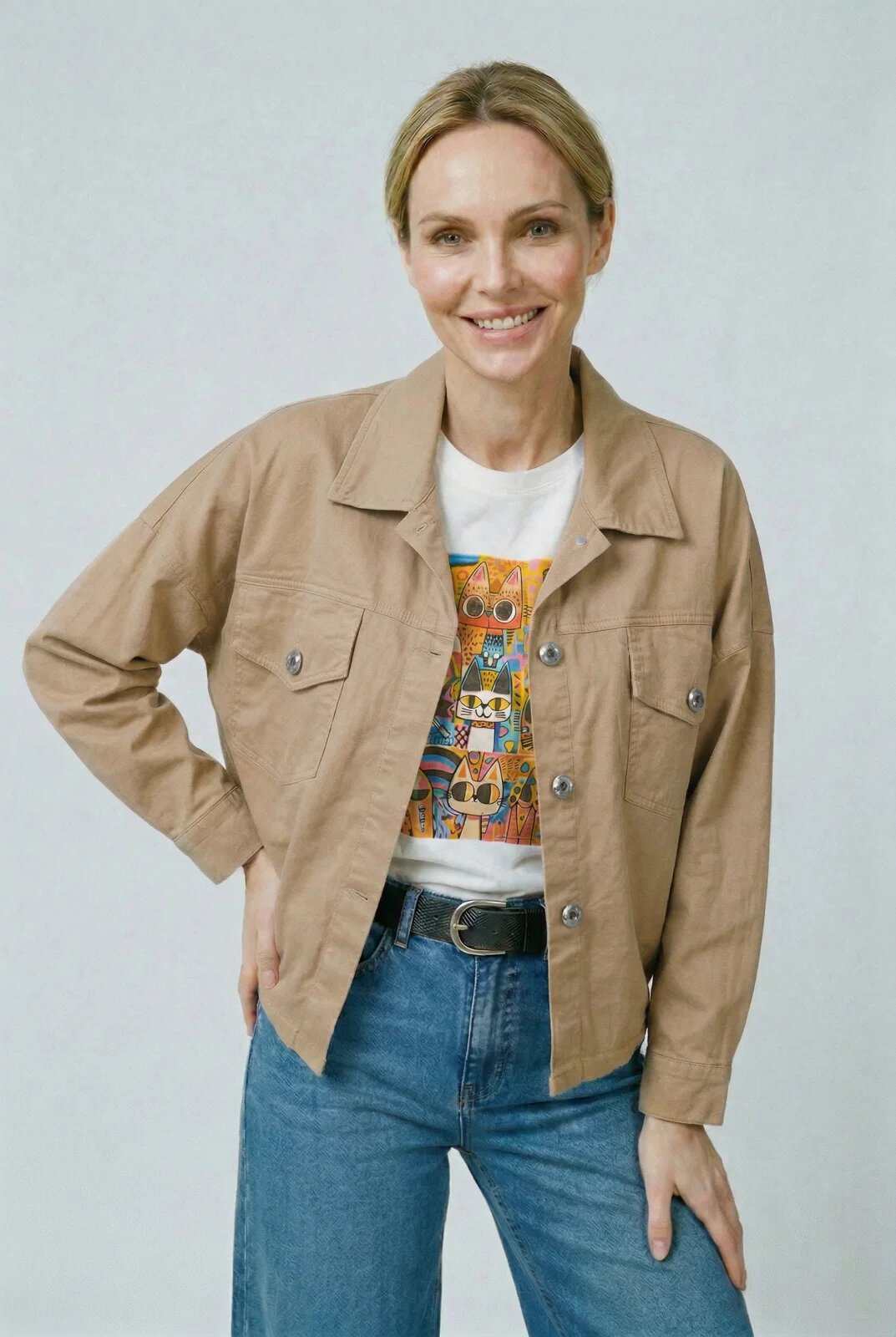 Shopika Jacheta cu croi lejer casual cu elastic in talie si buzunare aplicate camel deschis