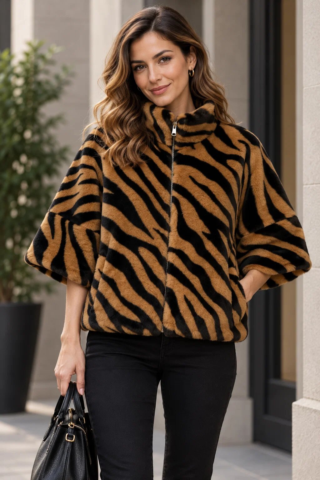 Shopika Jachetă din blana scurtă animal print tigru maro negru cu maneca 3 4 căptușeală și fermoar