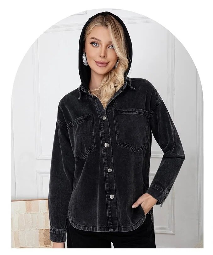 Shopika Jacheta din denim cu gluga si croi asimetric negru prespalat