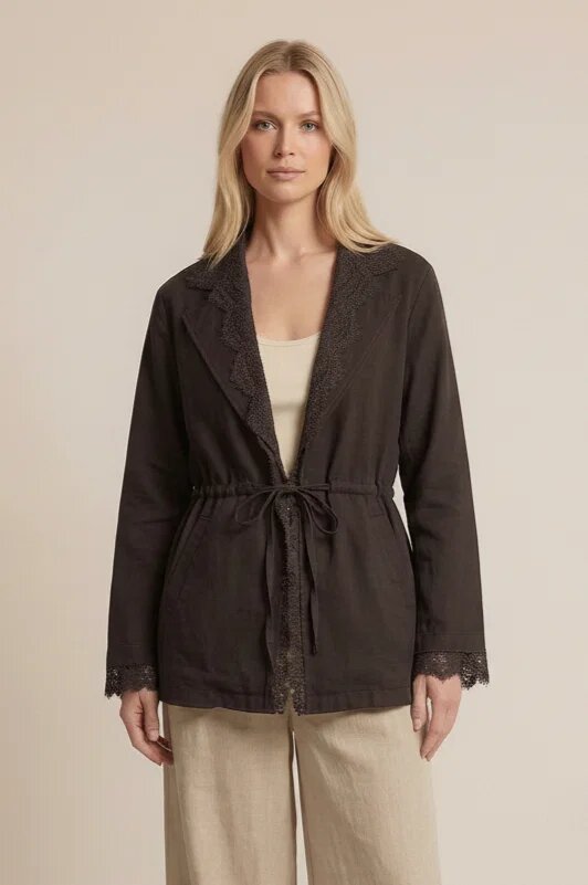 Shopika Jacheta lejera cu snur in talie si insertii dantela stil elegant natural maro