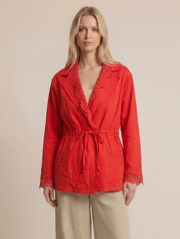 Shopika Jacheta lejera cu snur in talie si insertii dantela stil elegant natural rosie