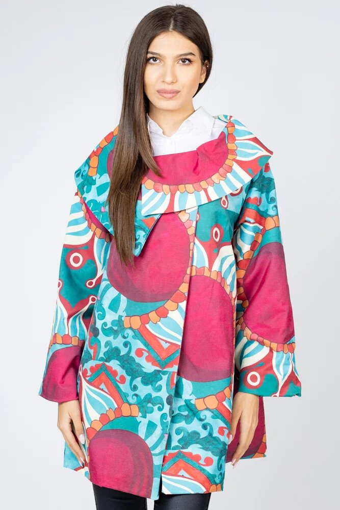 Shopika Jacheta midi cu guler petrecut si imprimeu abstract turcoaz-bordo