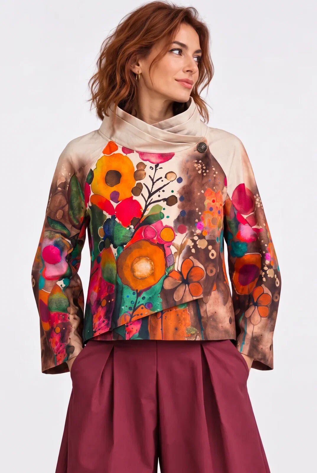 Shopika Jacheta scurta petrecuta cu imprimeu floral abstract multicolor bej